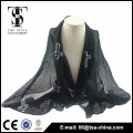 Most popular spring black polyester scarf fabric plain dyed long hot drilling cross scarf for young